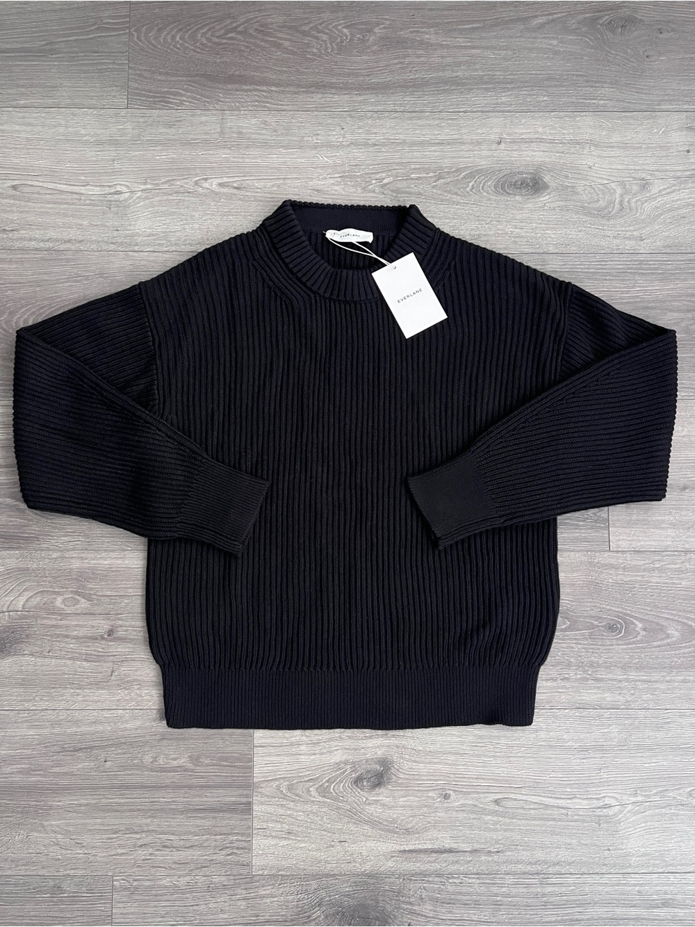EVERLANE The Cocoon Crewneck Sweater Medium Black Cotton Chunky Knit Relaxed Fit